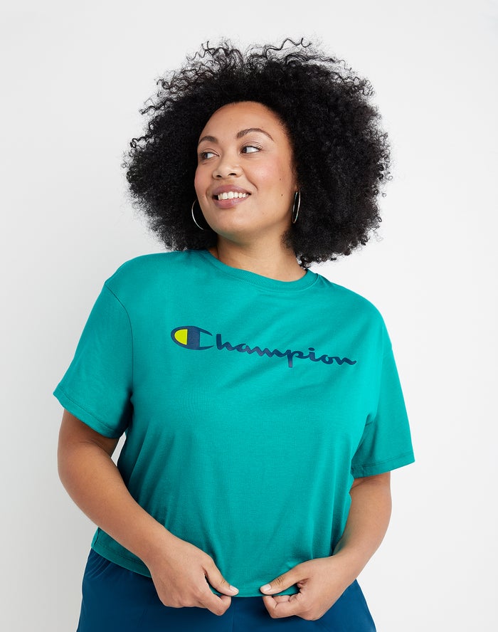 Champion Plus Cropped Script C Logo T-Shirt Dames - Turquoise - Belgie 4269HOBIX